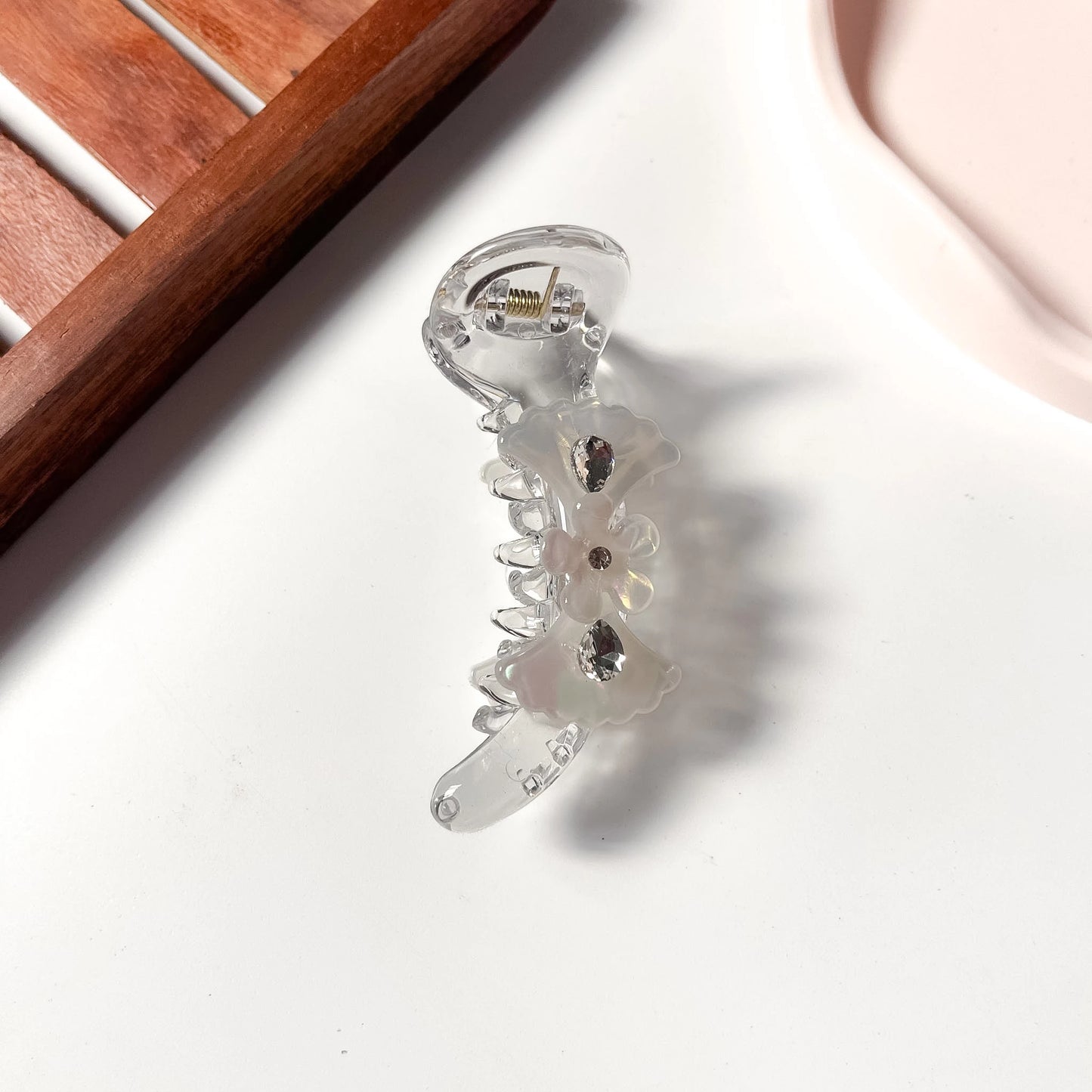 White floral crystal banana clip small banana hair clip with teardrop crystal accents