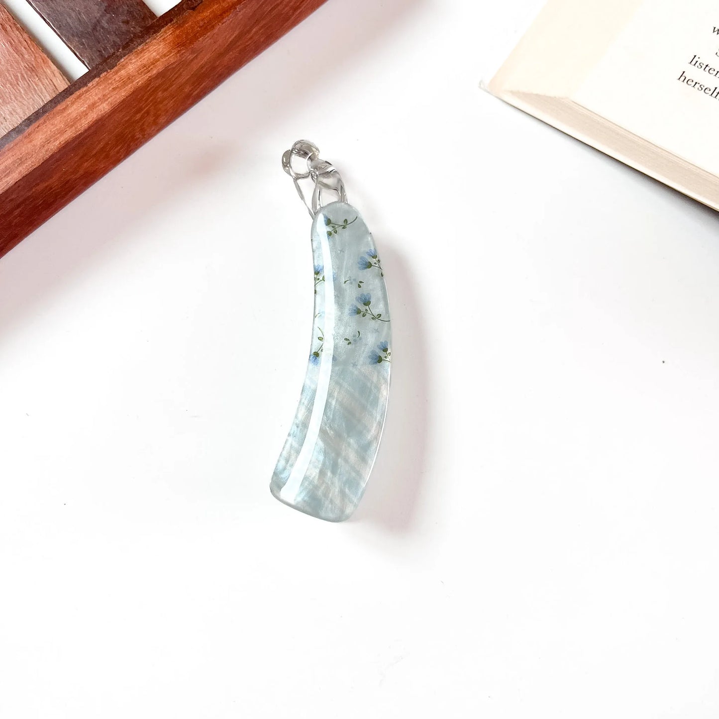 Blue floral banana clip for hair, pearl finish
