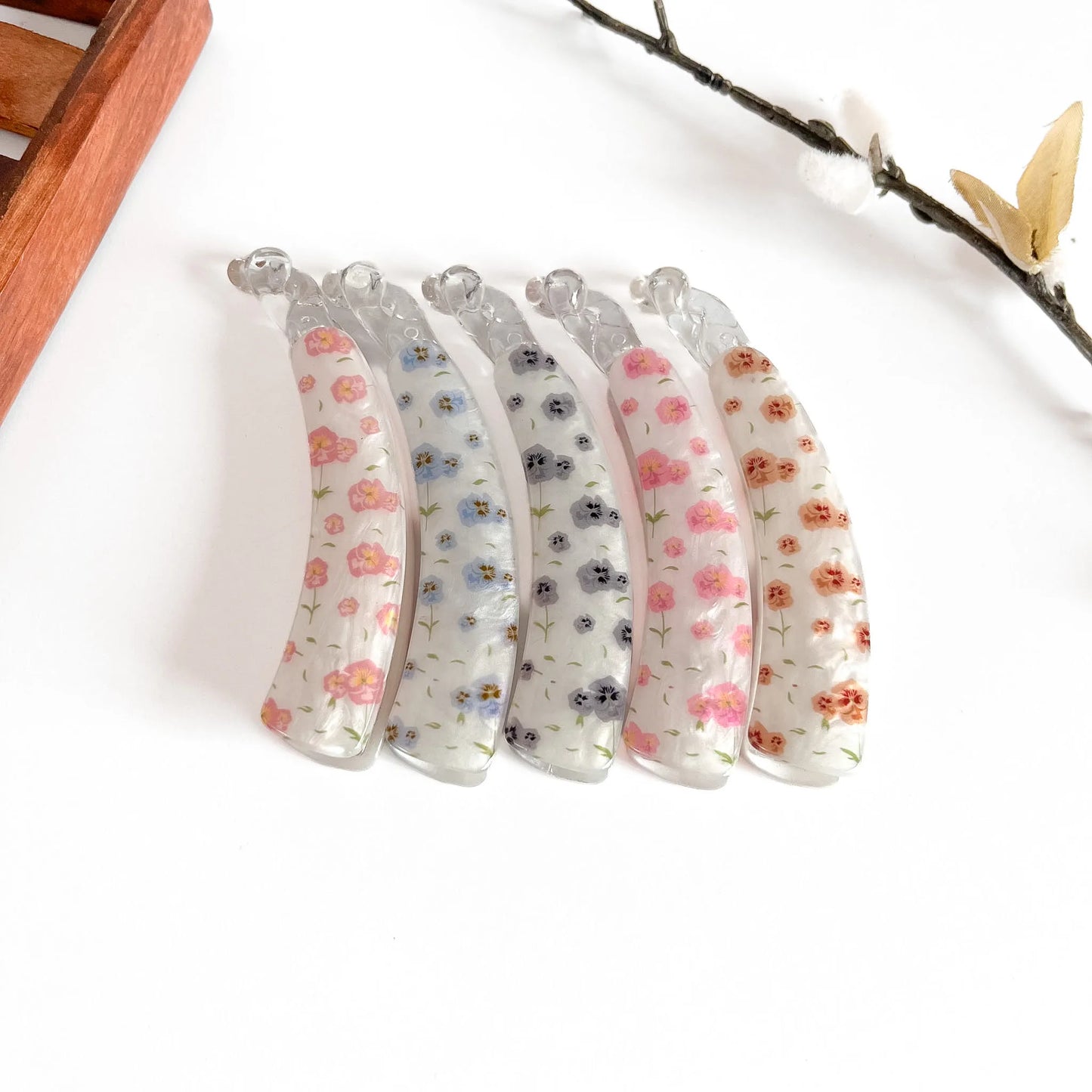 Color swatch: all 5 floral print lock banana clip shades displayed