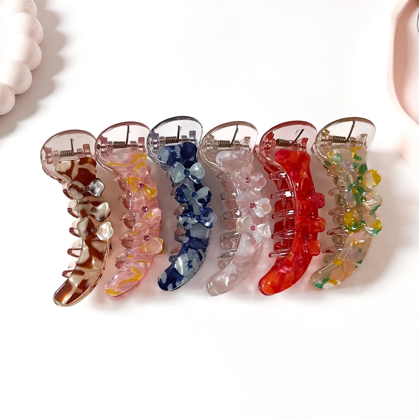 Floral rhinestone banana clips in brown, pink, navy, clear, red and multicolour