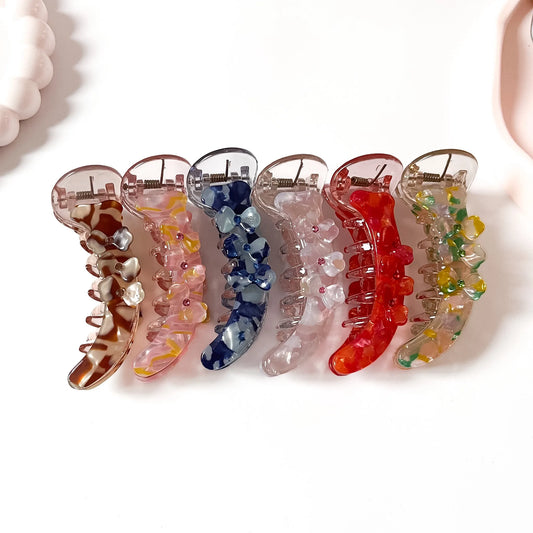 Floral rhinestone banana clips in brown, pink, navy, clear, red and multicolour