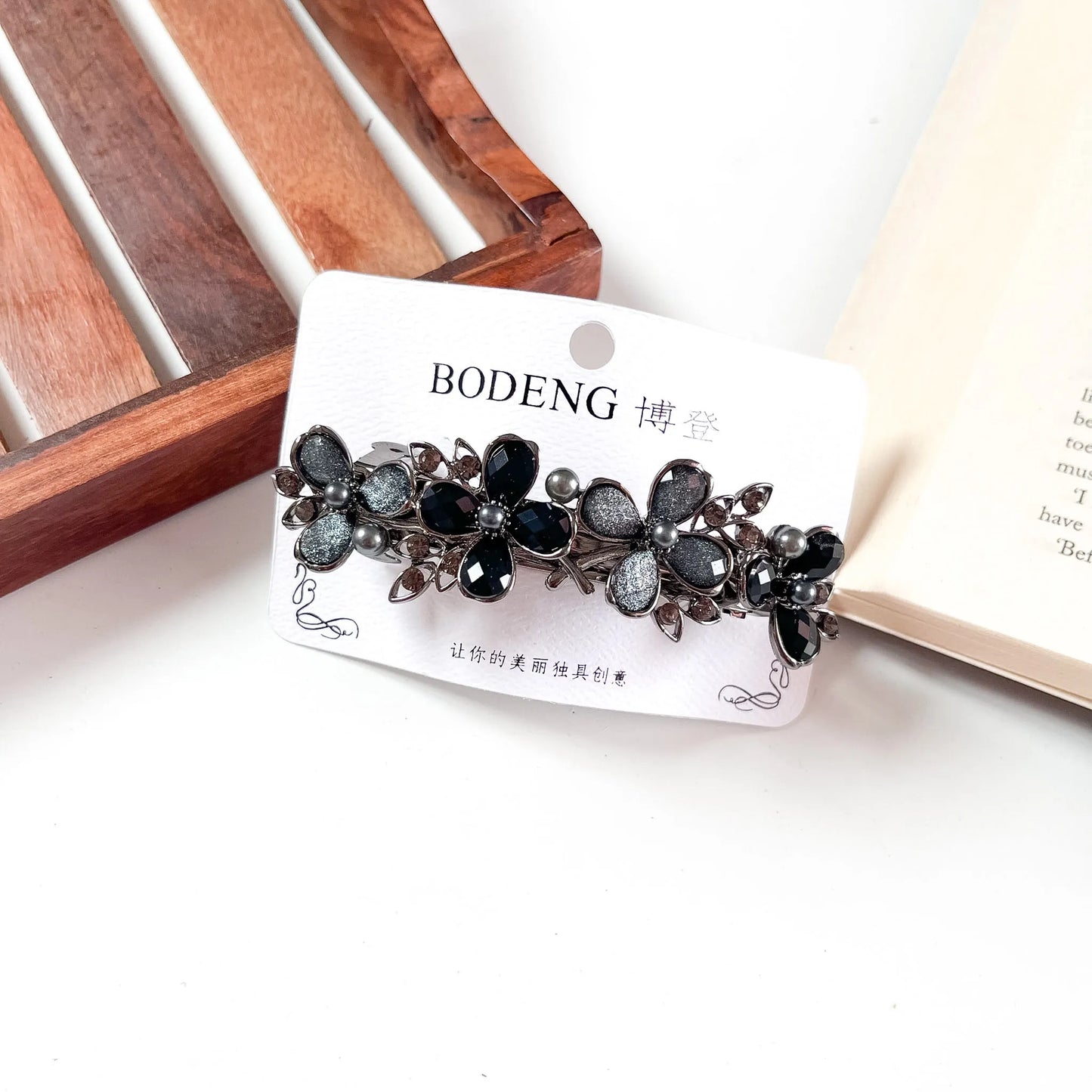 Floret cluster crystal barrette black onyx rhinestone flower