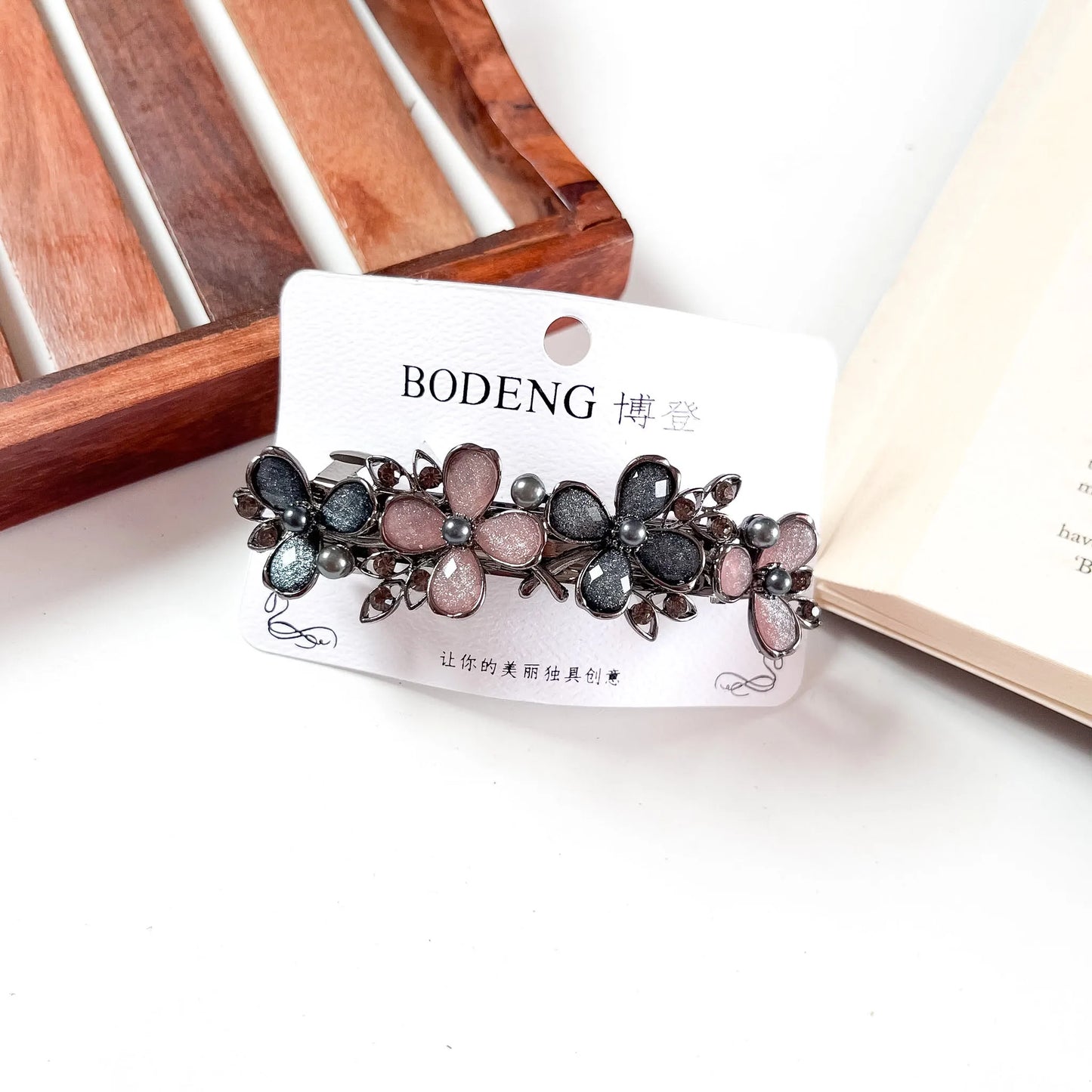Floret cluster crystal barrette blush pink grey rhinestone