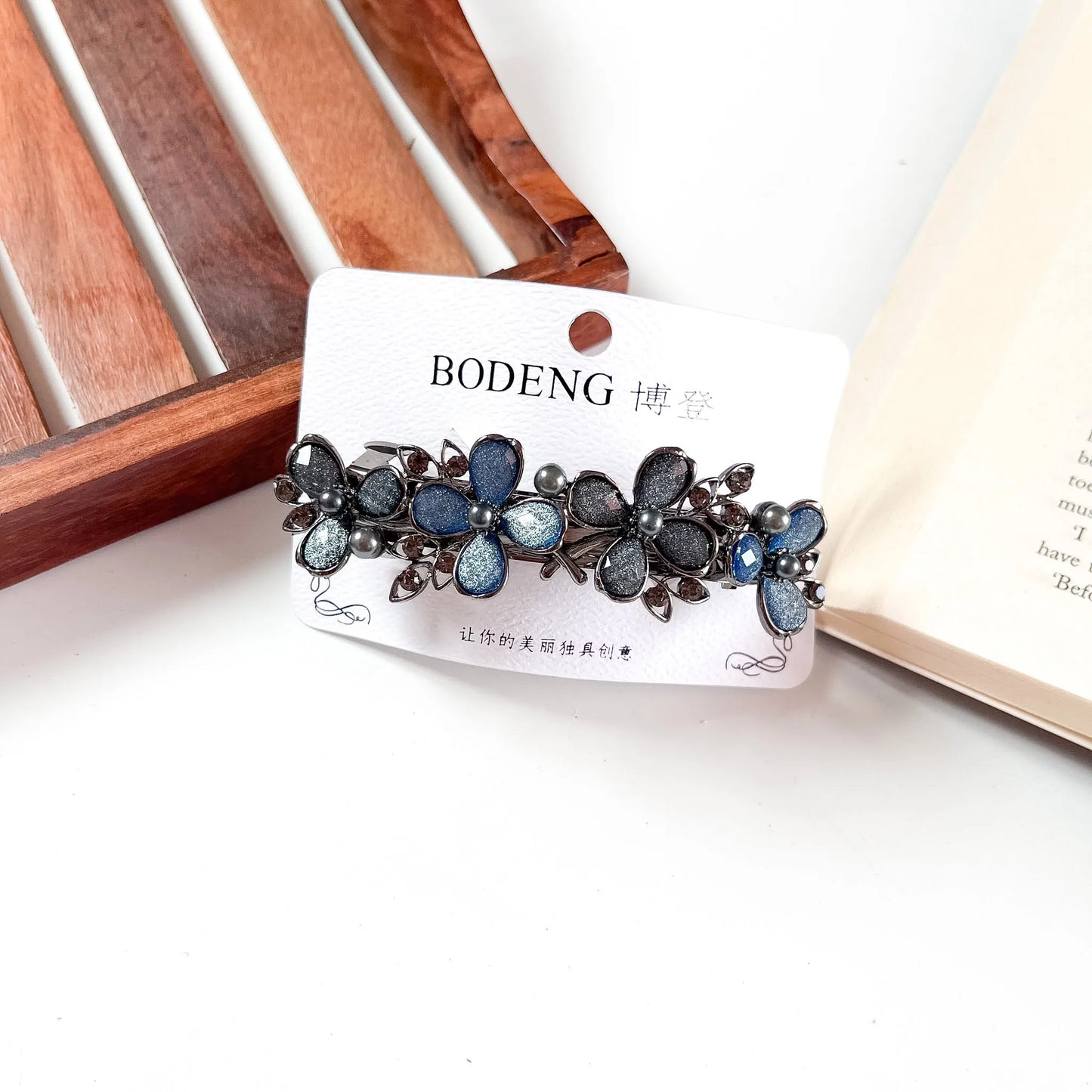 Floret cluster crystal barrette navy teal rhinestone barrette