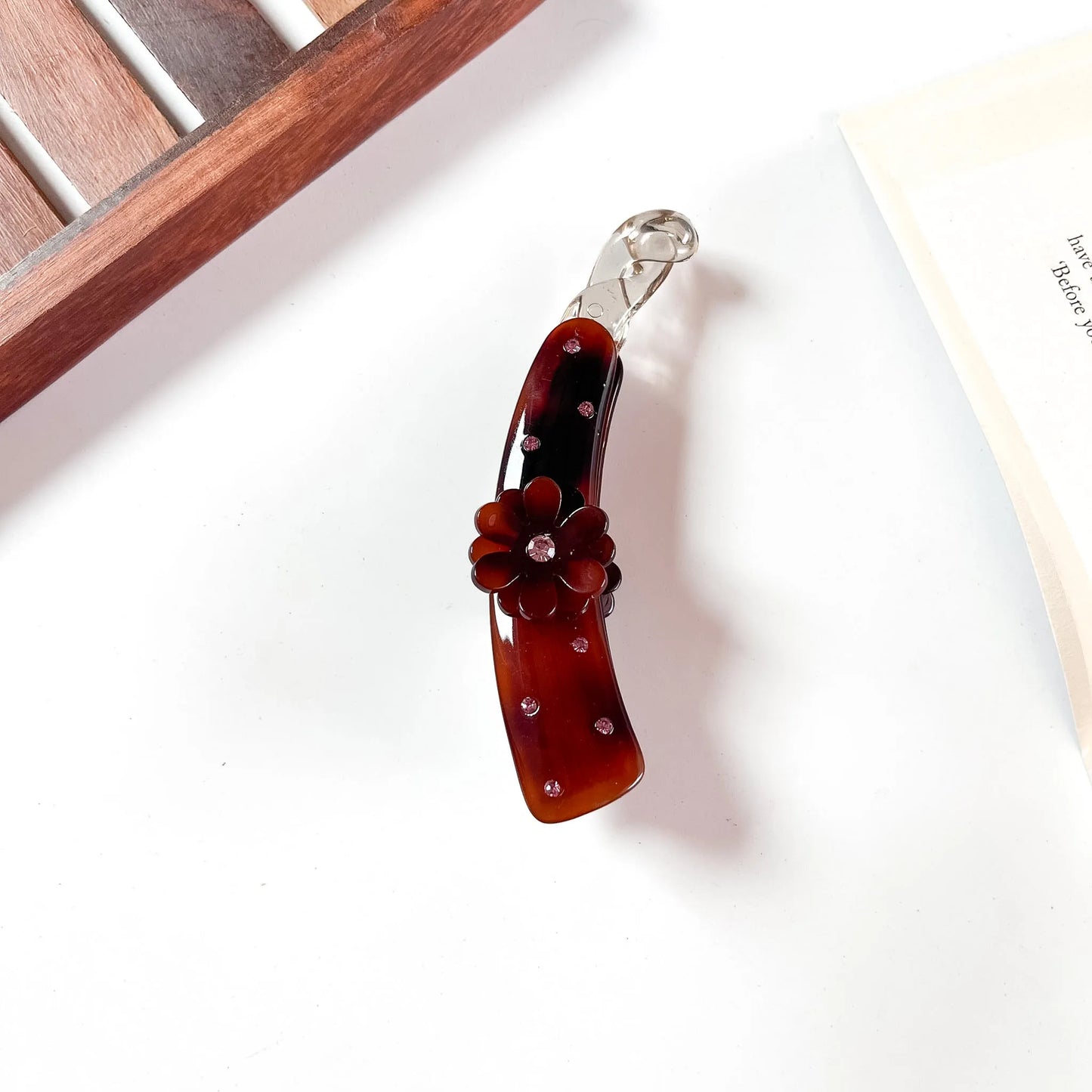 Flower acetate lock banana clip wine dark rhinestone stone clutcher