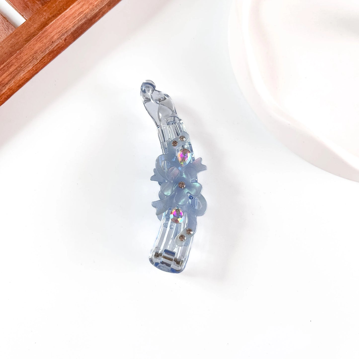 Blue flower charm crystal lock banana clip with rhinestone studs