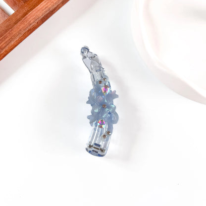 Blue flower charm crystal lock banana clip with rhinestone studs