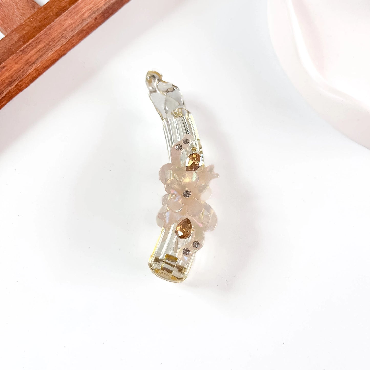 Champagne gold flower charm crystal lock banana clip 3D flower cluster