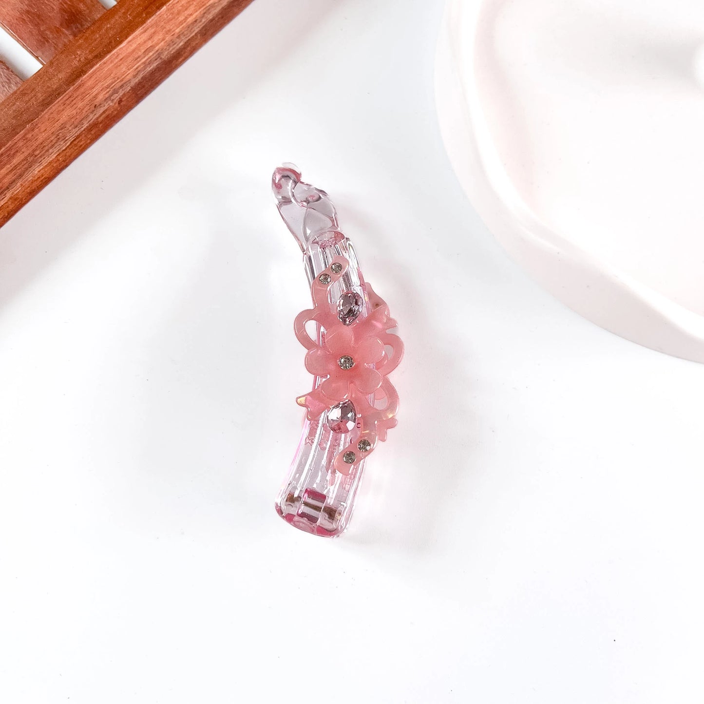 Hot pink flower charm crystal lock banana clip Korean style