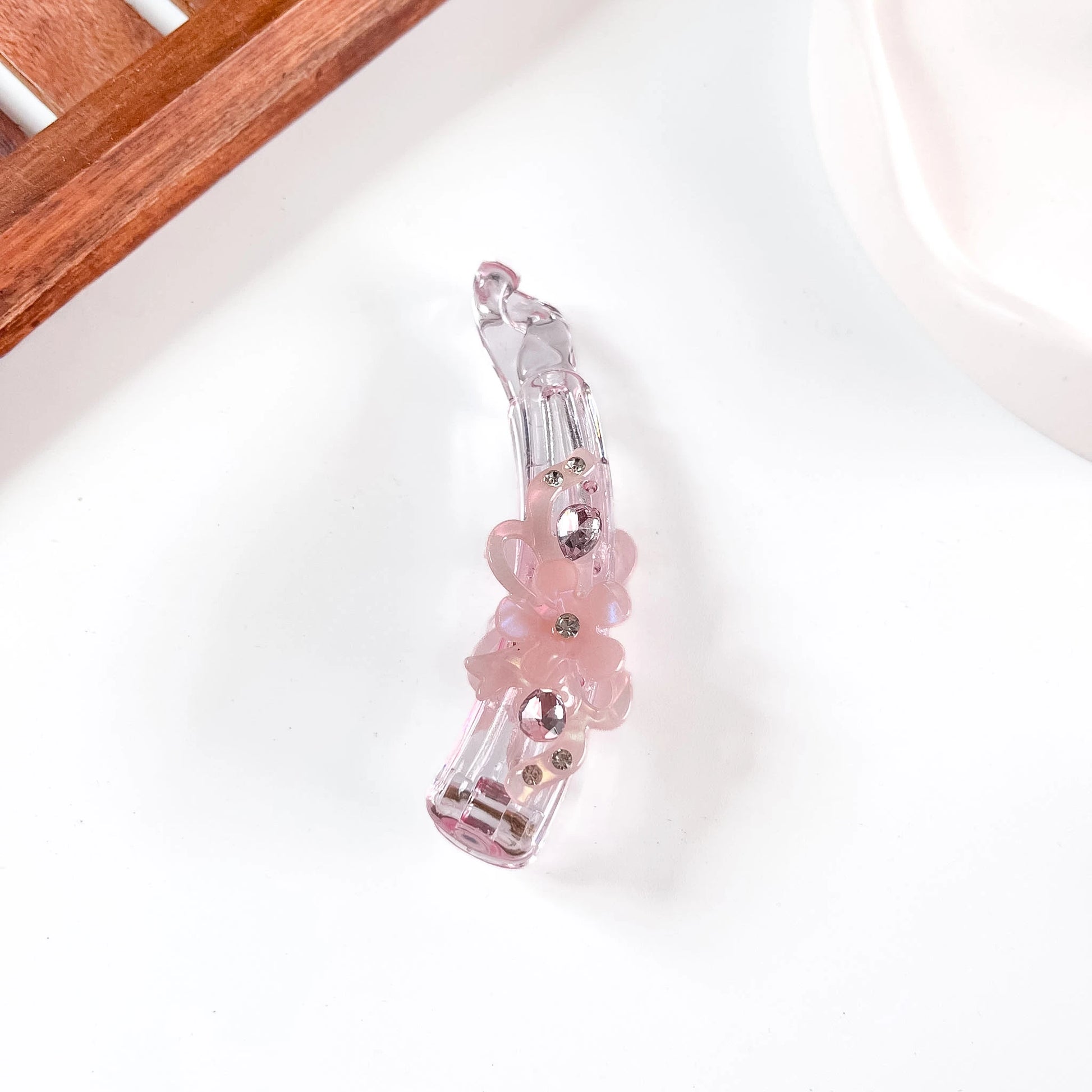 Pink flower charm crystal lock banana clip with rhinestone studs