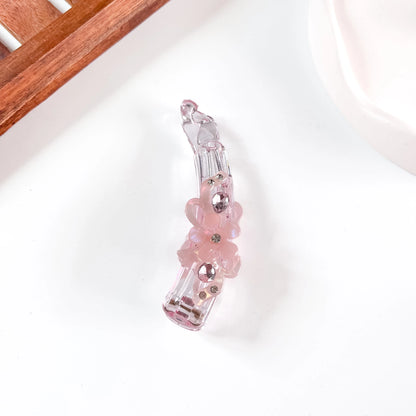 Pink flower charm crystal lock banana clip with rhinestone studs