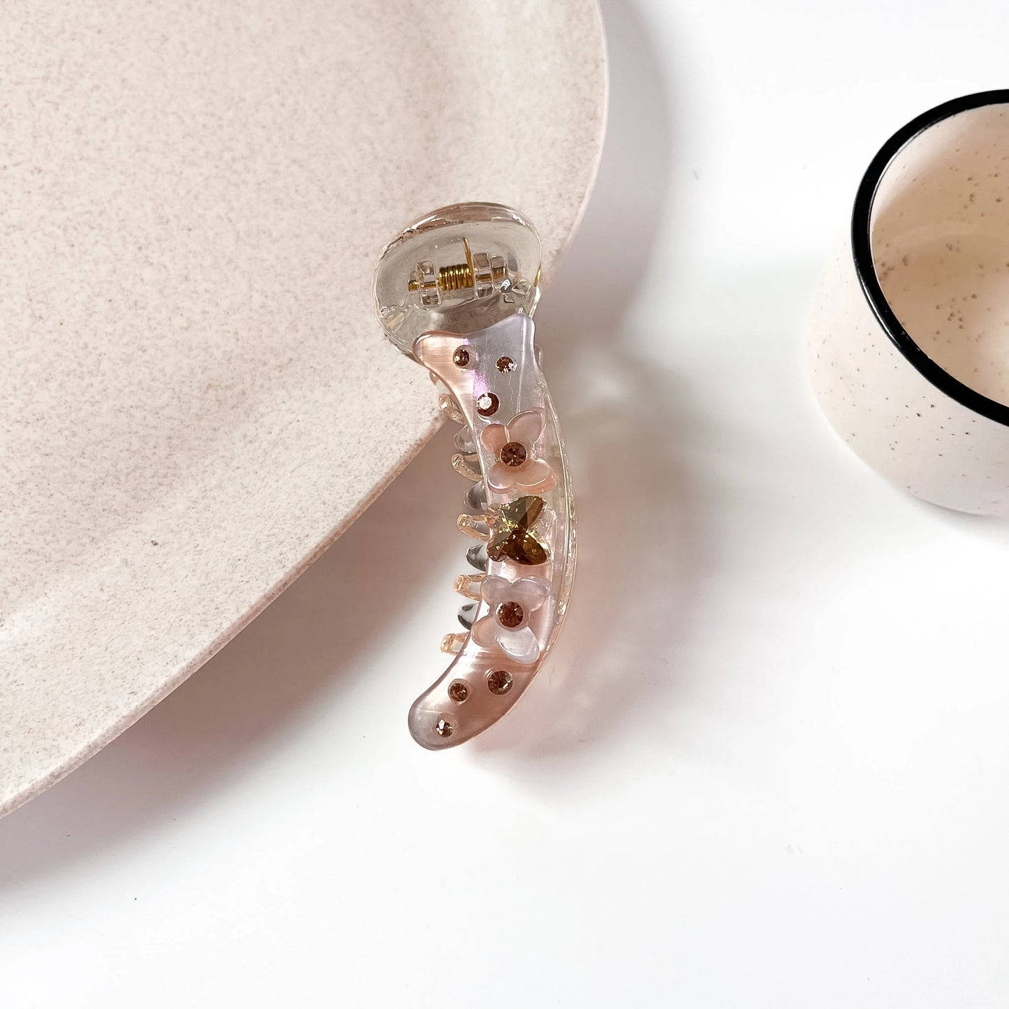 Flower crystal banana clip peach champagne with amber crystal flowers