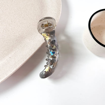 Flower crystal banana clip silver grey aurora with crystal flowers