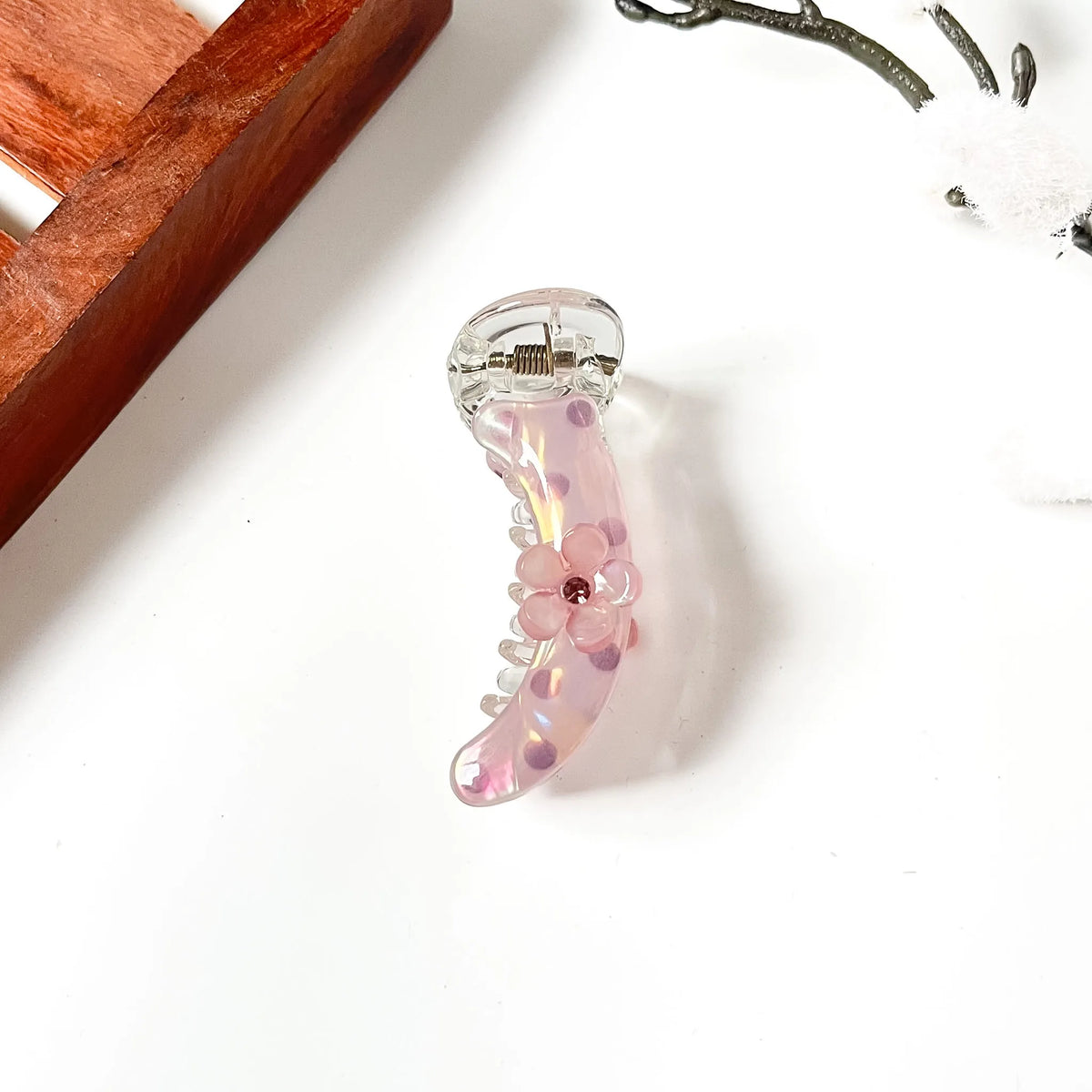 Blush pink petite bloom banana clip with flower charm and pearl beads for small hair