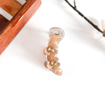 Beige flower stack mini banana clip with acrylic flowers and rhinestones, 6cm small clip