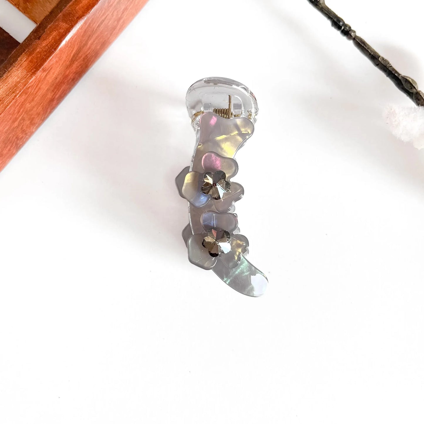 Grey Black flower stack banana clip with rhinestone flower centers, 6cm small banana clip
