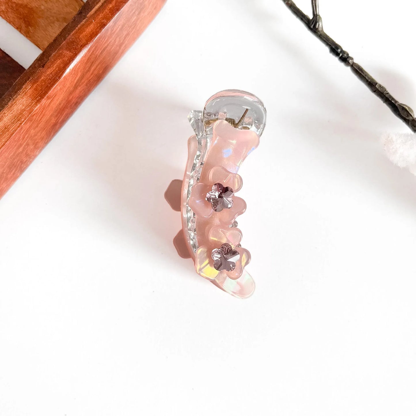 Pink flower stack mini banana clip with layered acrylic flower detail, 6cm small clip
