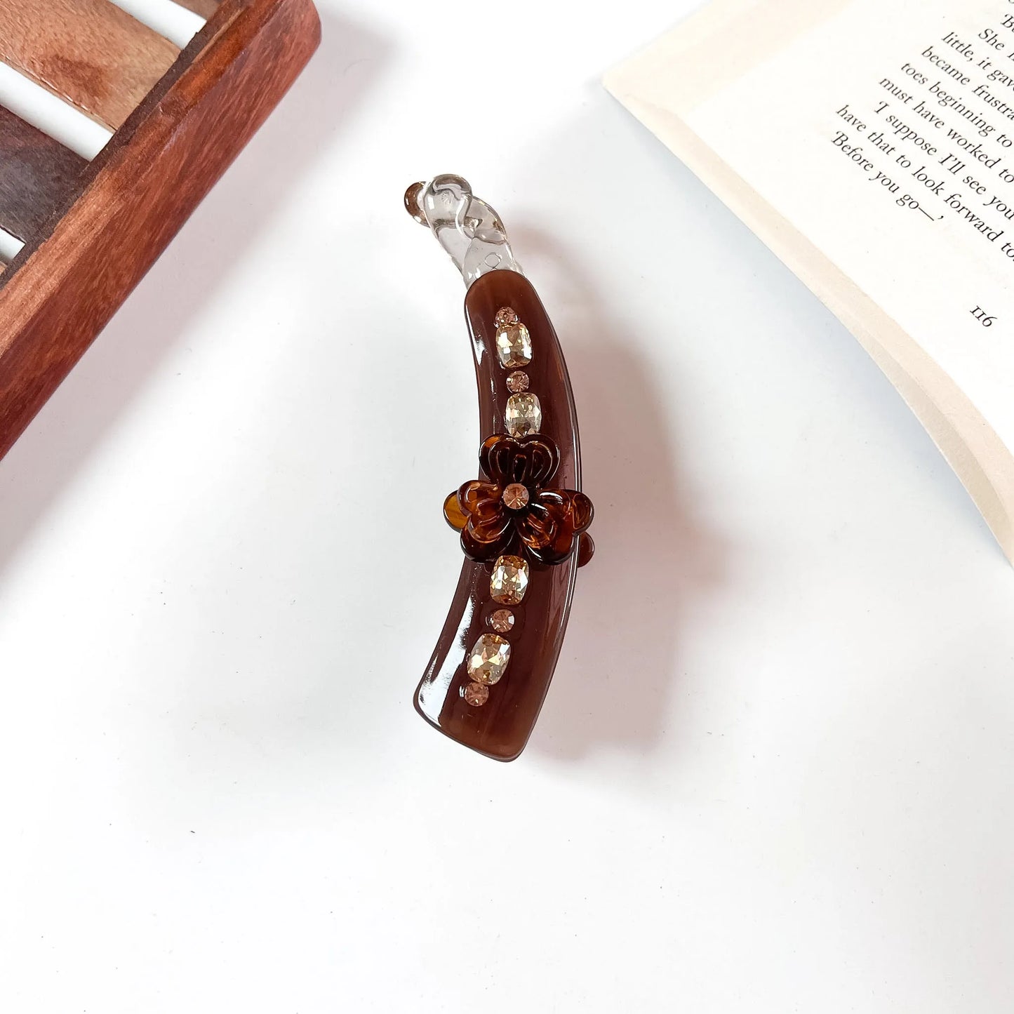 Flower stone lock banana clip brown chocolate rhinestone banana clip