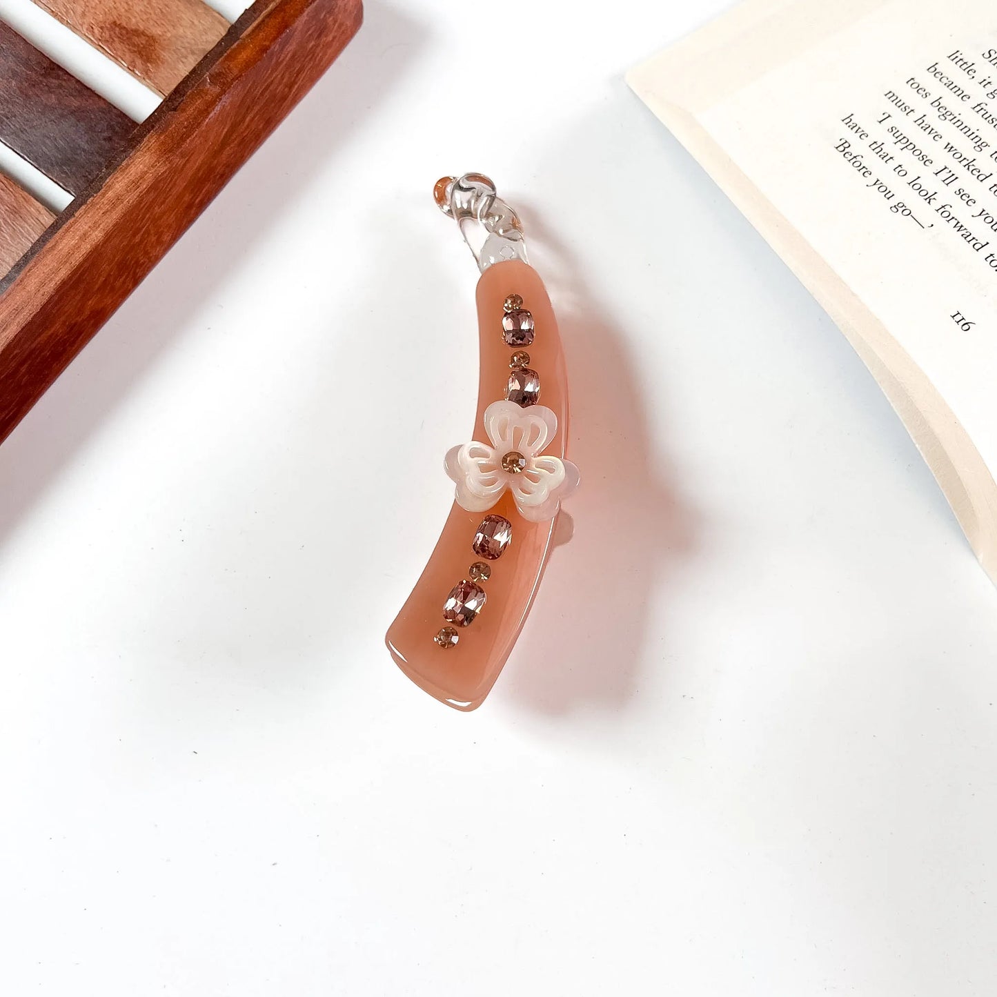 Flower stone lock banana clip nude peach rhinestone hair clip