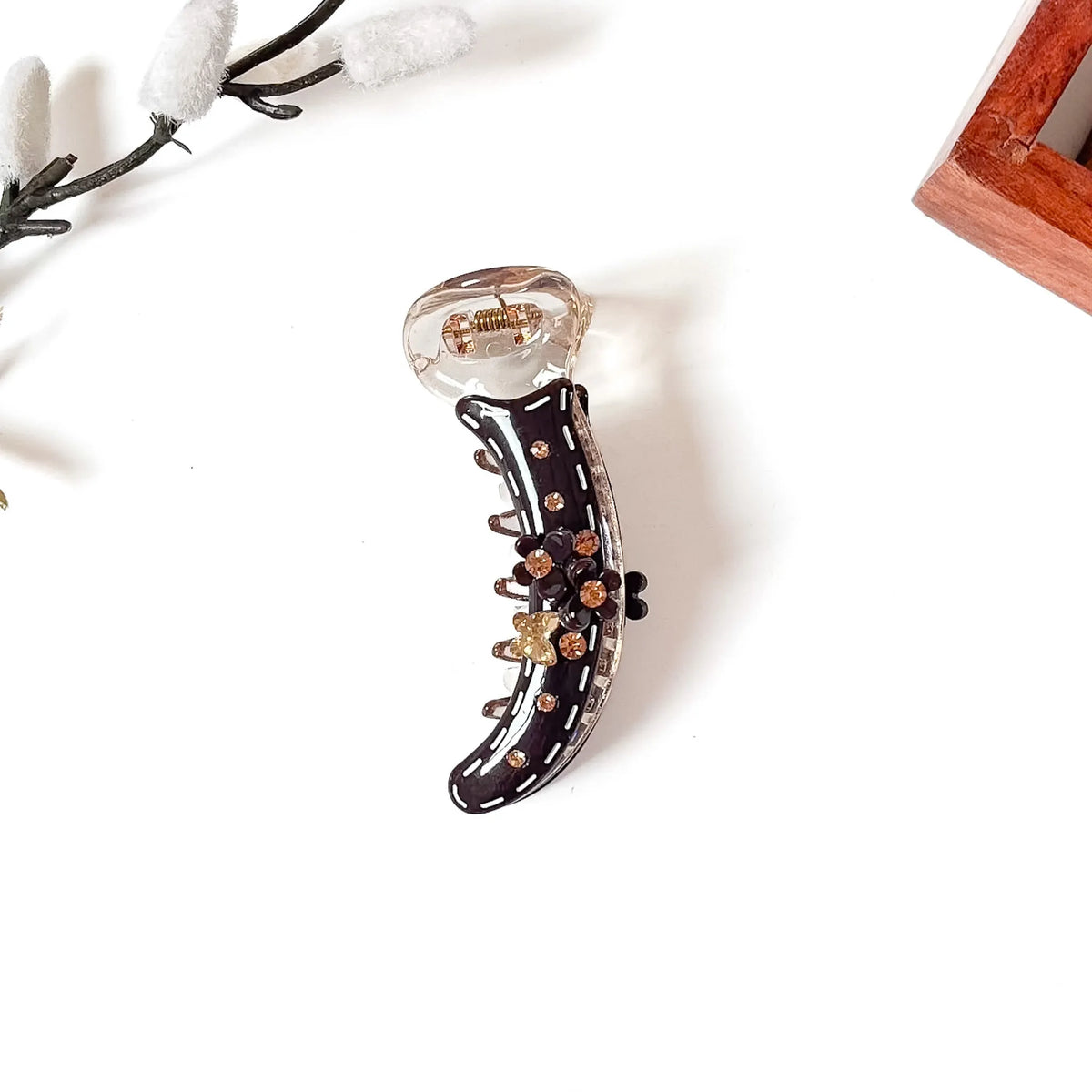 Cocoa dark brown butterfly banana clip with gold crystal and champagne rhinestones, 8cm