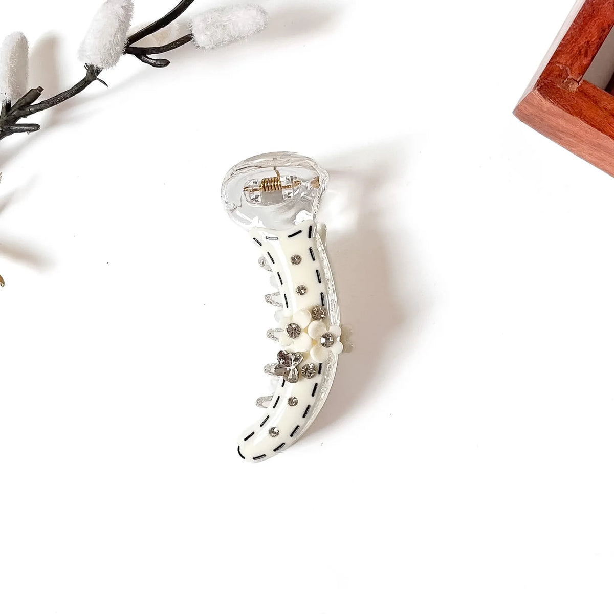 Ivory cream white banana clip with crystal butterfly, white flowers and black stitch detail, 8cm
