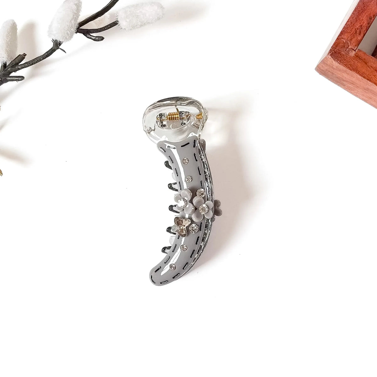 Slate grey small banana clip with smoky crystal butterfly and grey flowers, 8cm