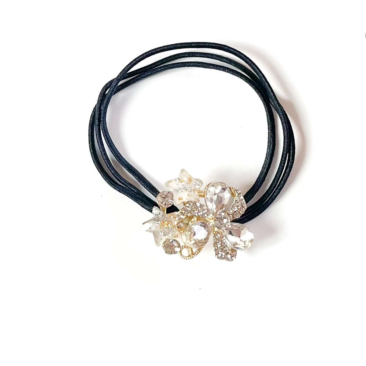 Frost white fancy hair tie with clear crystal clover and white glitter stars, rhinestone hair rubber band
