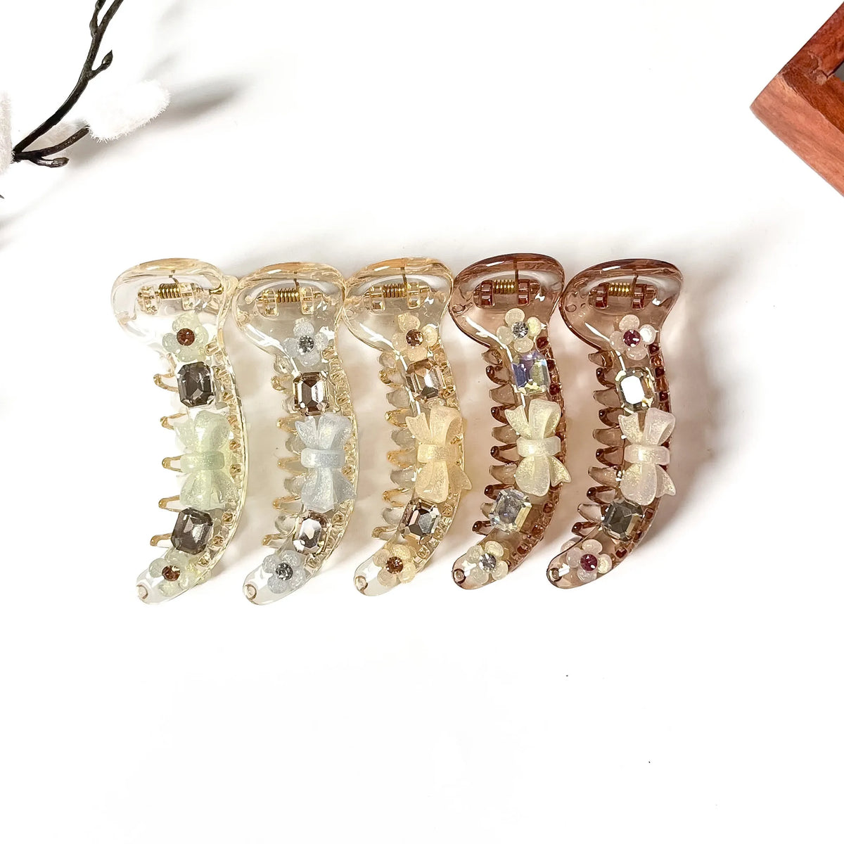 Frosted Bow clear banana clips with bows and stones in five colours