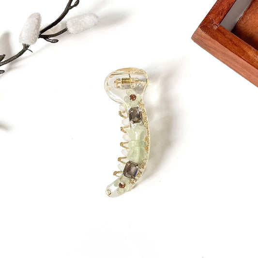 Mint green bow on clear small banana clip with smoky crystal stones, 8cm