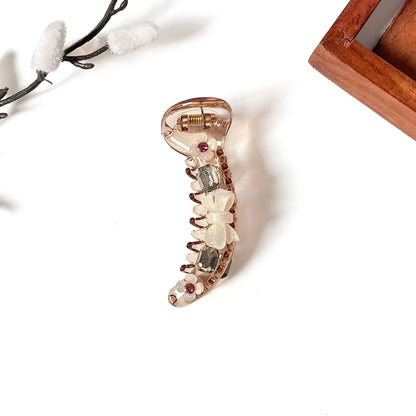 Rose pink transparent banana clip with white bow and smoky stones, 8cm