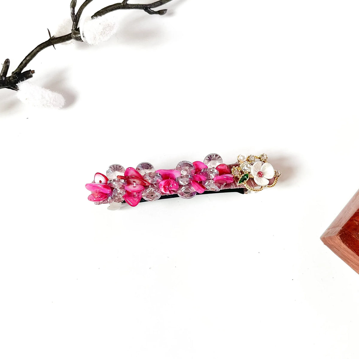 Rani hot pink shell flower hair clip with lilac crystals and gold pearl flower charm