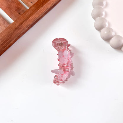 Pink Gemstone Chip Banana Clip, rose quartz stone chips