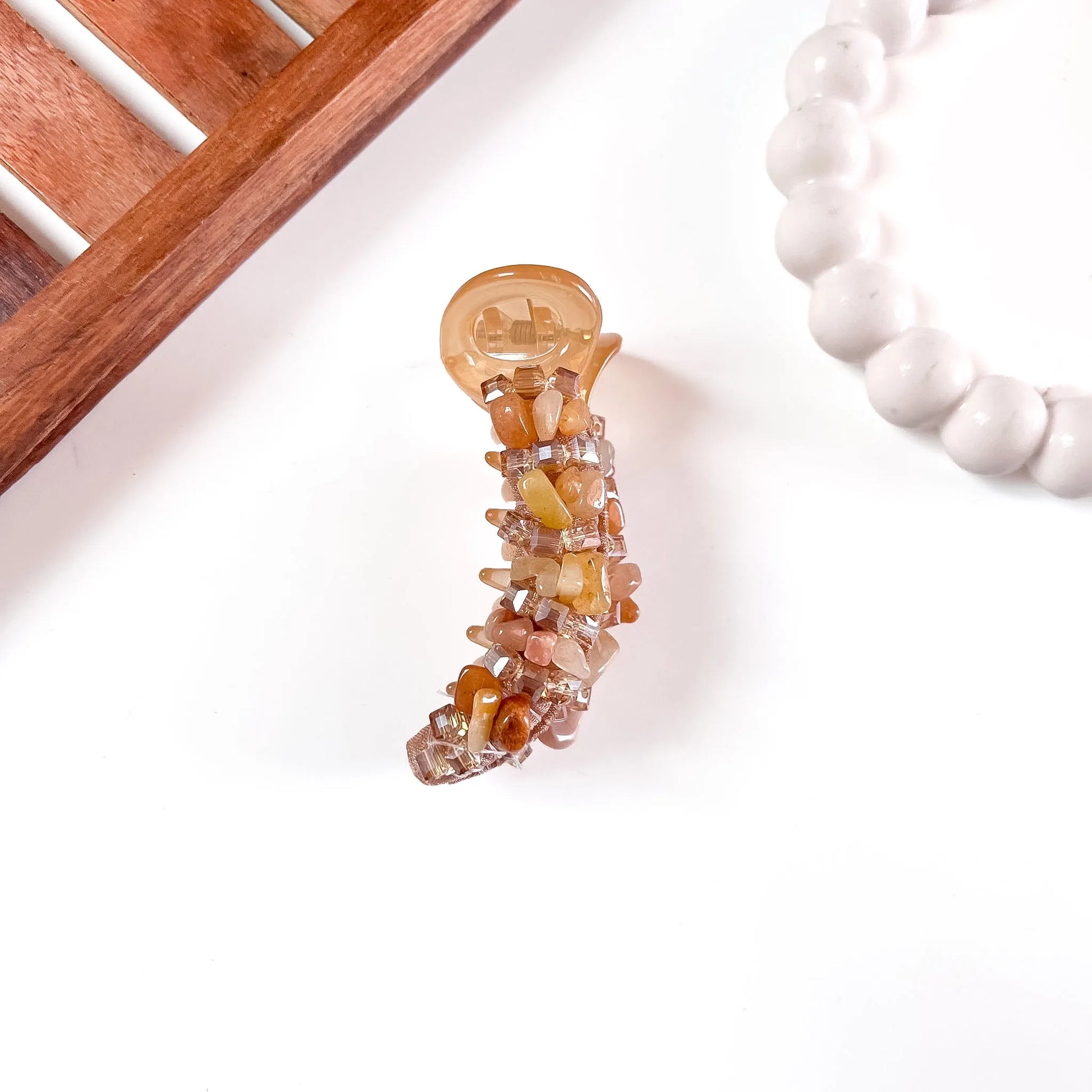 Amber Brown Gold Gemstone Chip Banana Clip with natural stone chips