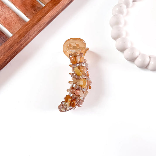 Amber Brown Gold Gemstone Chip Banana Clip with natural stone chips