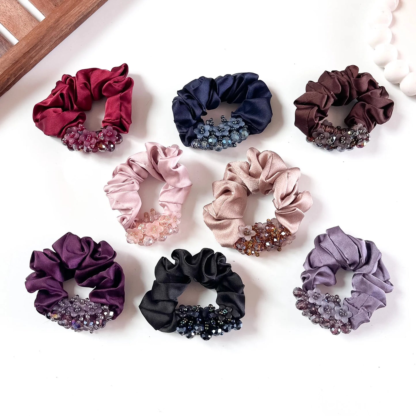 Glam Crystal Scrunchie in eight colours with beaded floral trim