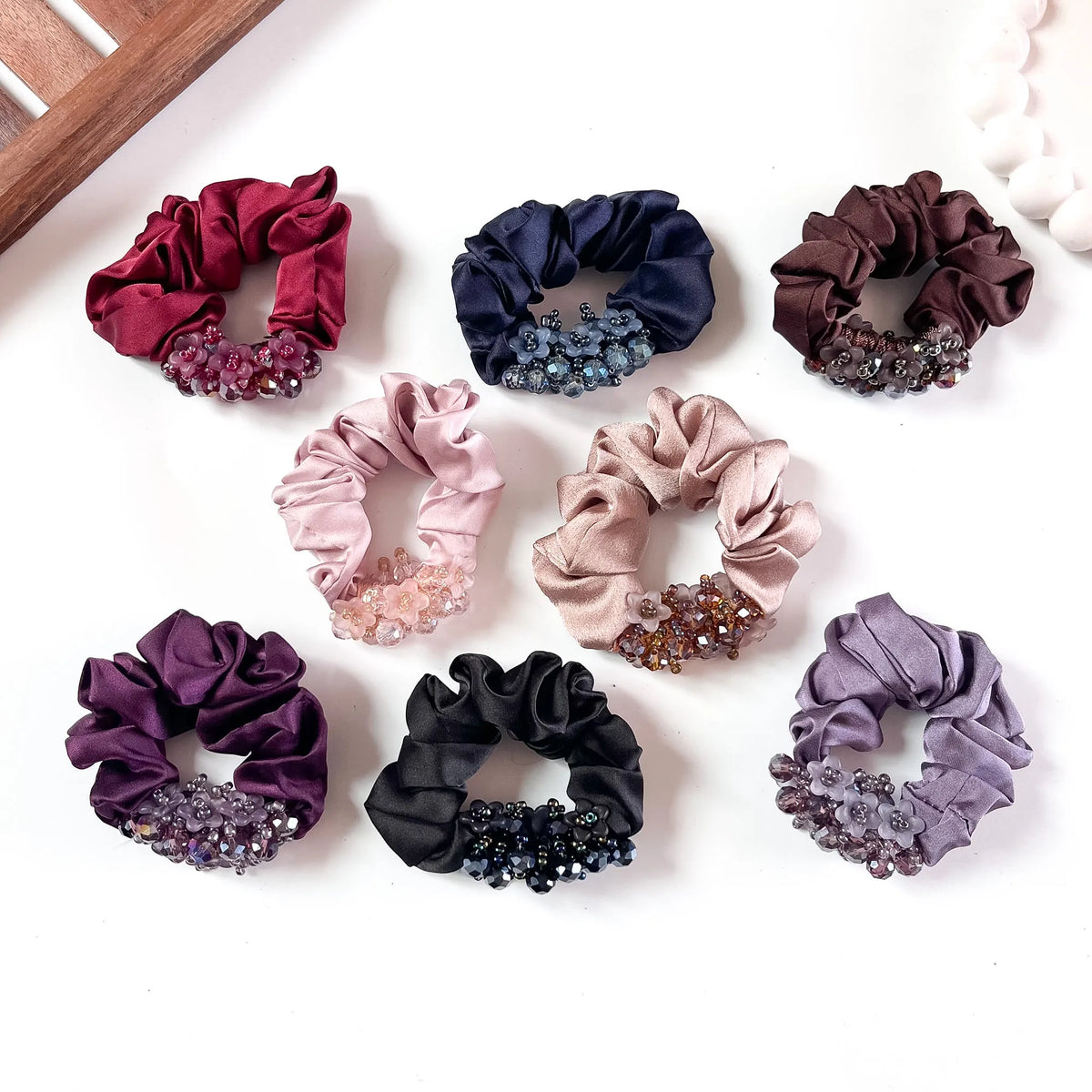 Glam Crystal Scrunchie in eight colours with beaded floral trim