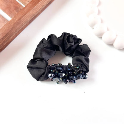 Black satin Glam Crystal Scrunchie with beaded floral trim