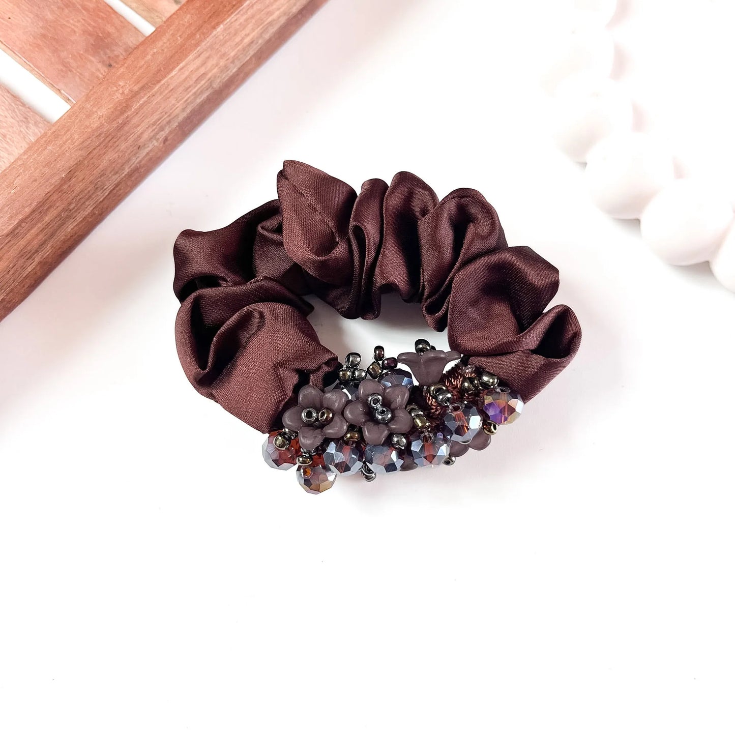 Brown satin Glam Crystal Scrunchie with beaded floral trim