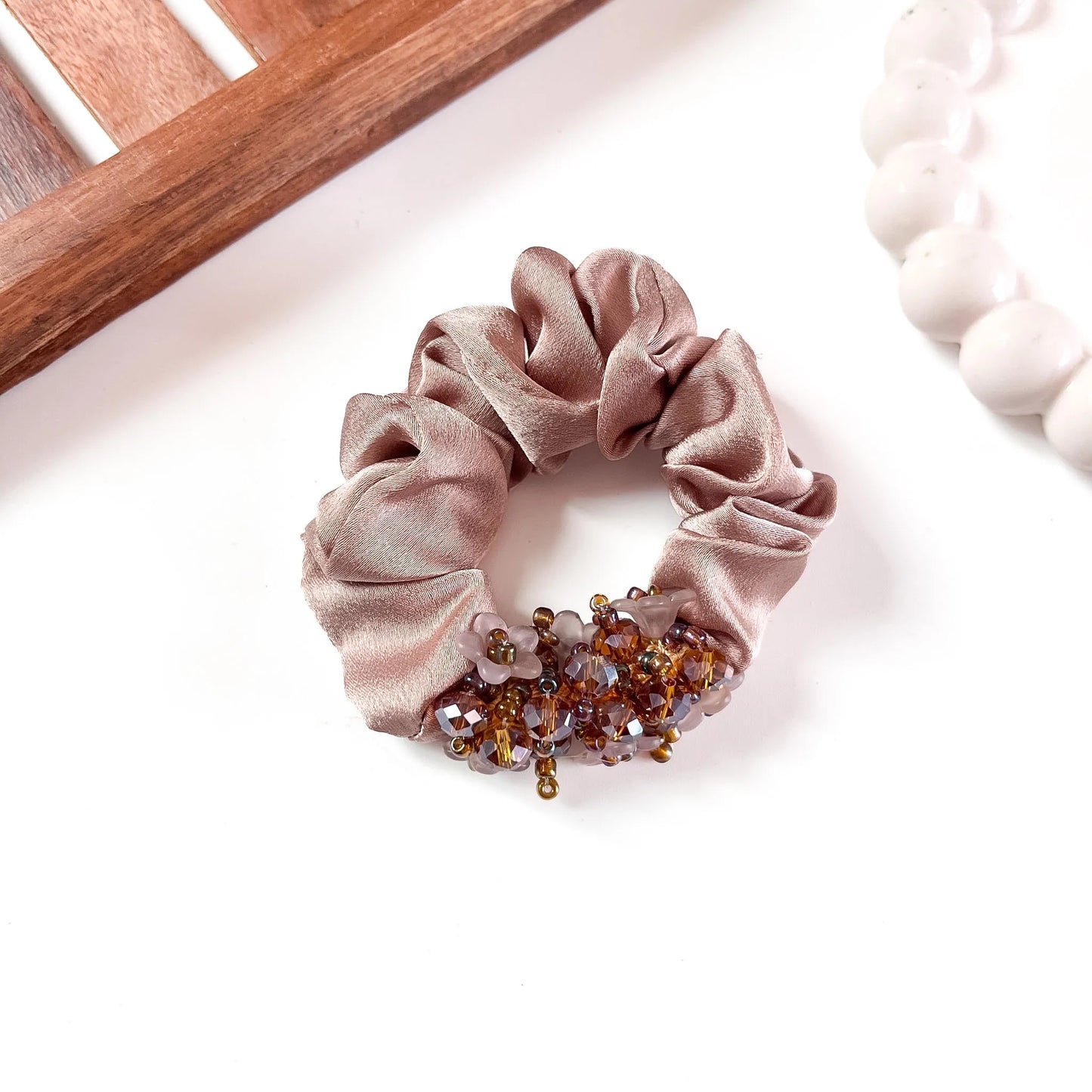 Gold satin Glam Crystal Scrunchie with beaded floral trim