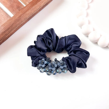Navy satin Glam Crystal Scrunchie with beaded floral trim