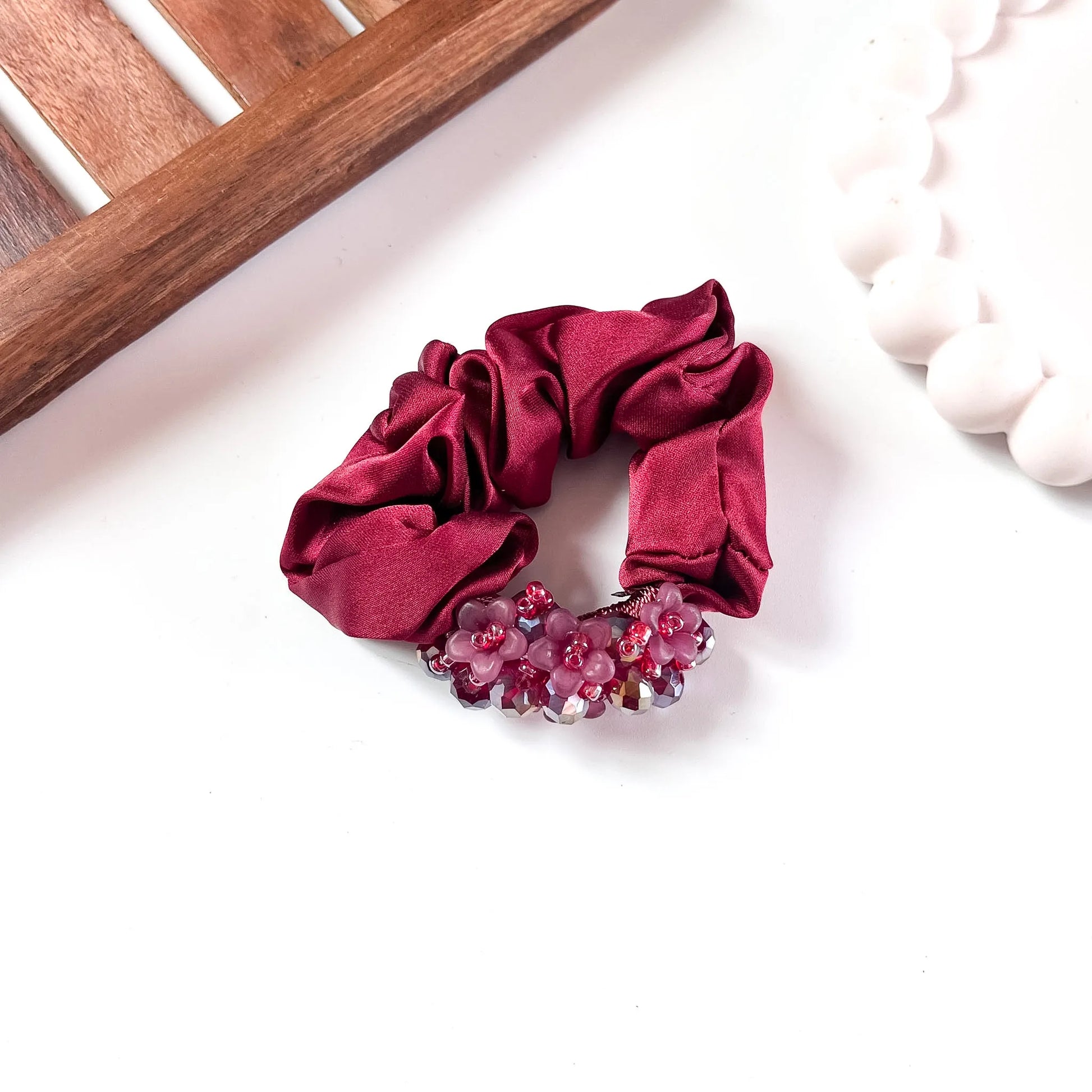 Maroon Red satin Glam Crystal Scrunchie with beaded floral trim