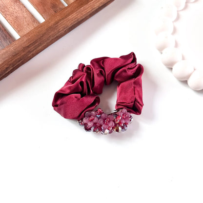 Maroon Red satin Glam Crystal Scrunchie with beaded floral trim