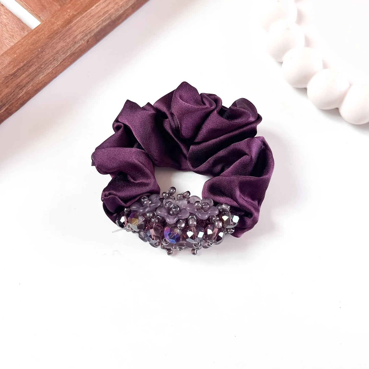 Wine satin Glam Crystal Scrunchie with beaded floral trim
