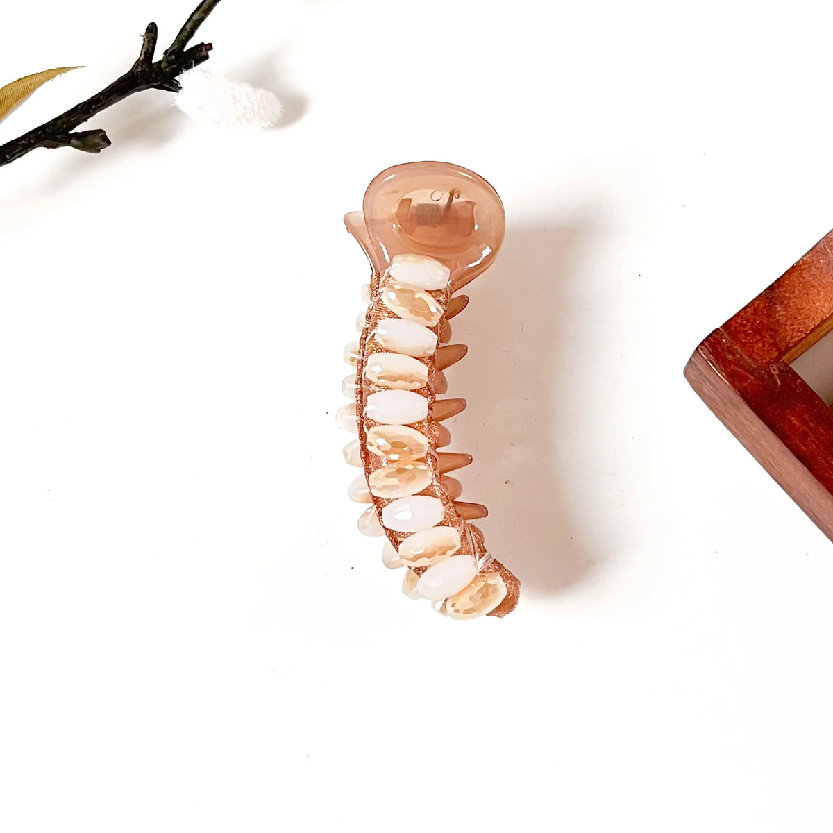 Nude beige banana clip with peach and white crystal beads, 8 cm fancy banana clip