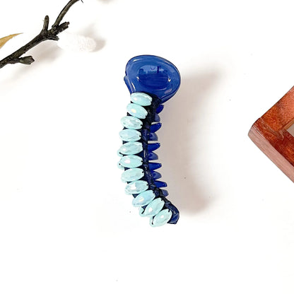 Ocean navy blue banana clip with aqua crystal beads, 8 cm beaded banana clutcher for medium hair