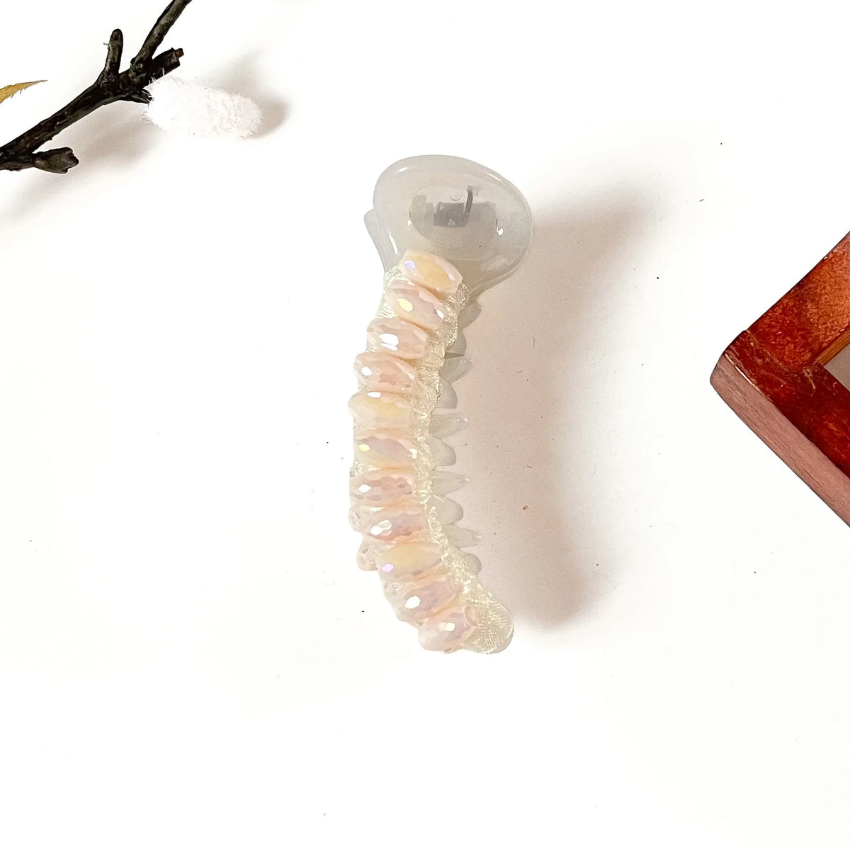 Pearl white banana clip with iridescent crystal beads, 8 cm bridal banana clip