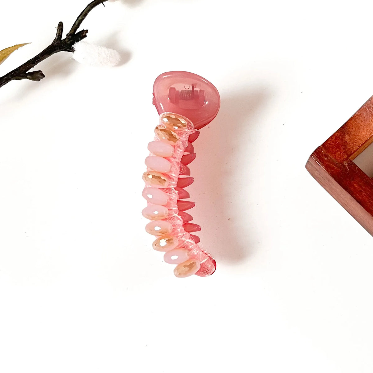 Rose pink banana clip with pink and peach crystal beads, 8 cm pink banana clip