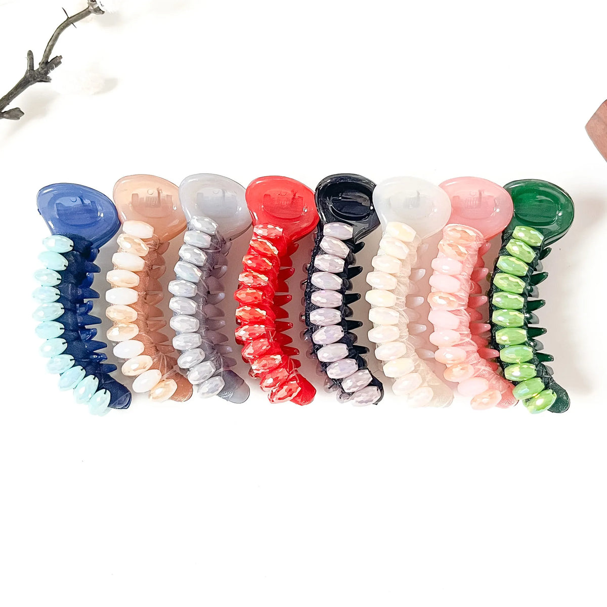 Glimmer Bead 8 cm beaded banana clips in ocean navy blue, nude beige, silver grey, ruby red, noir black, pearl white, rose pink and emerald green