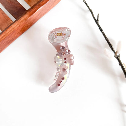 Mauve pink glimmer bow banana clip with decorative bow and rhinestones, 8cm medium clip