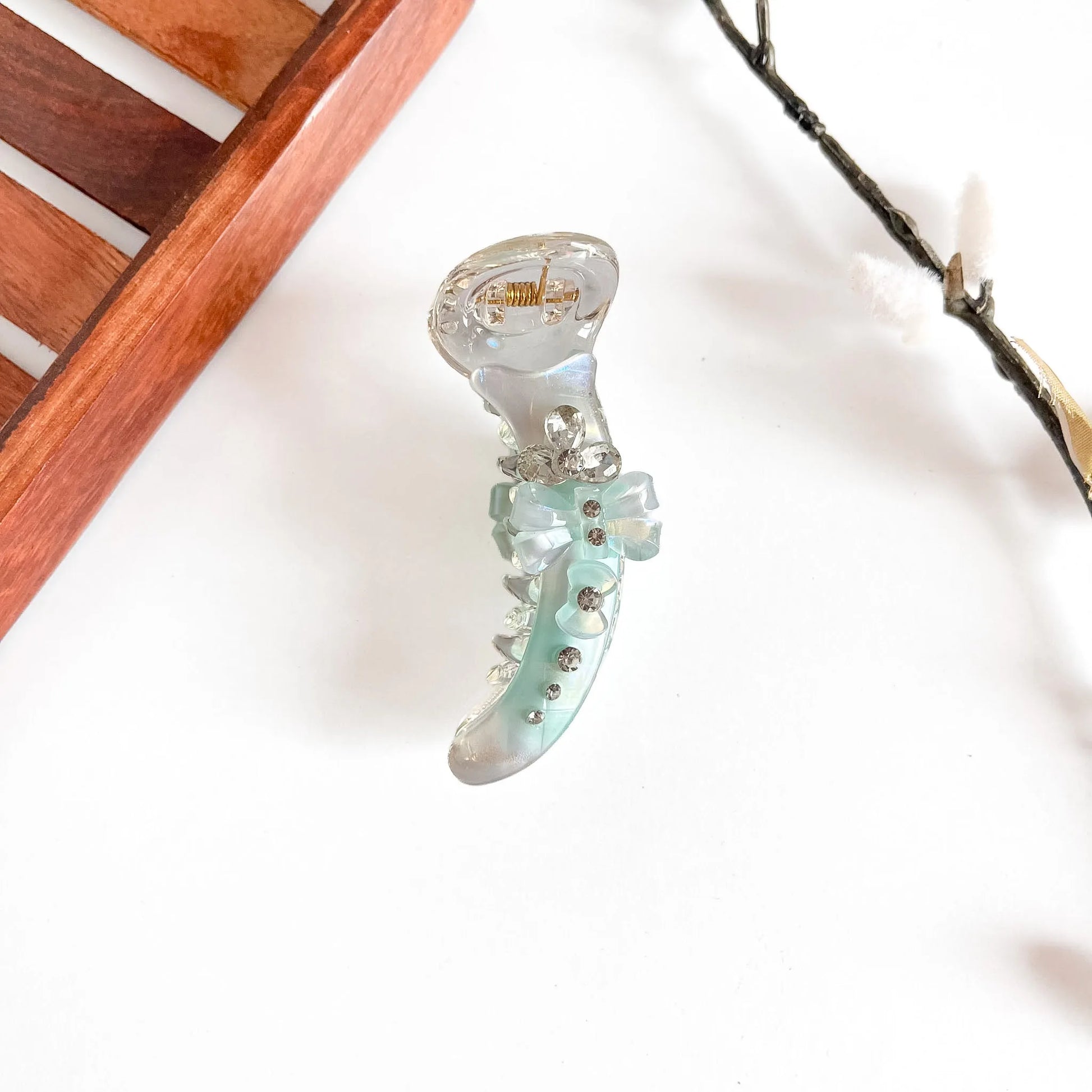 Sage green glimmer bow banana clip with rhinestones and crystalline top, 8cm medium clip
